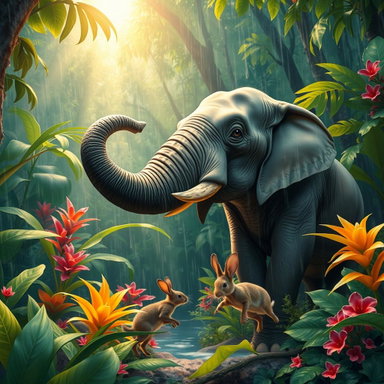 Majestic Elephant and Playful Rabbit in a Vibrant Rainforest