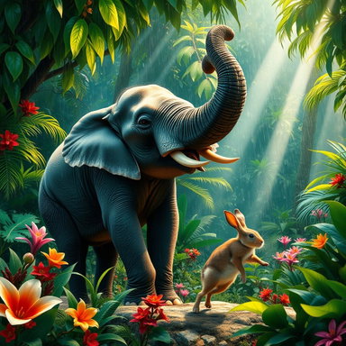 Majestic Elephant and Playful Rabbit in a Vibrant Rainforest