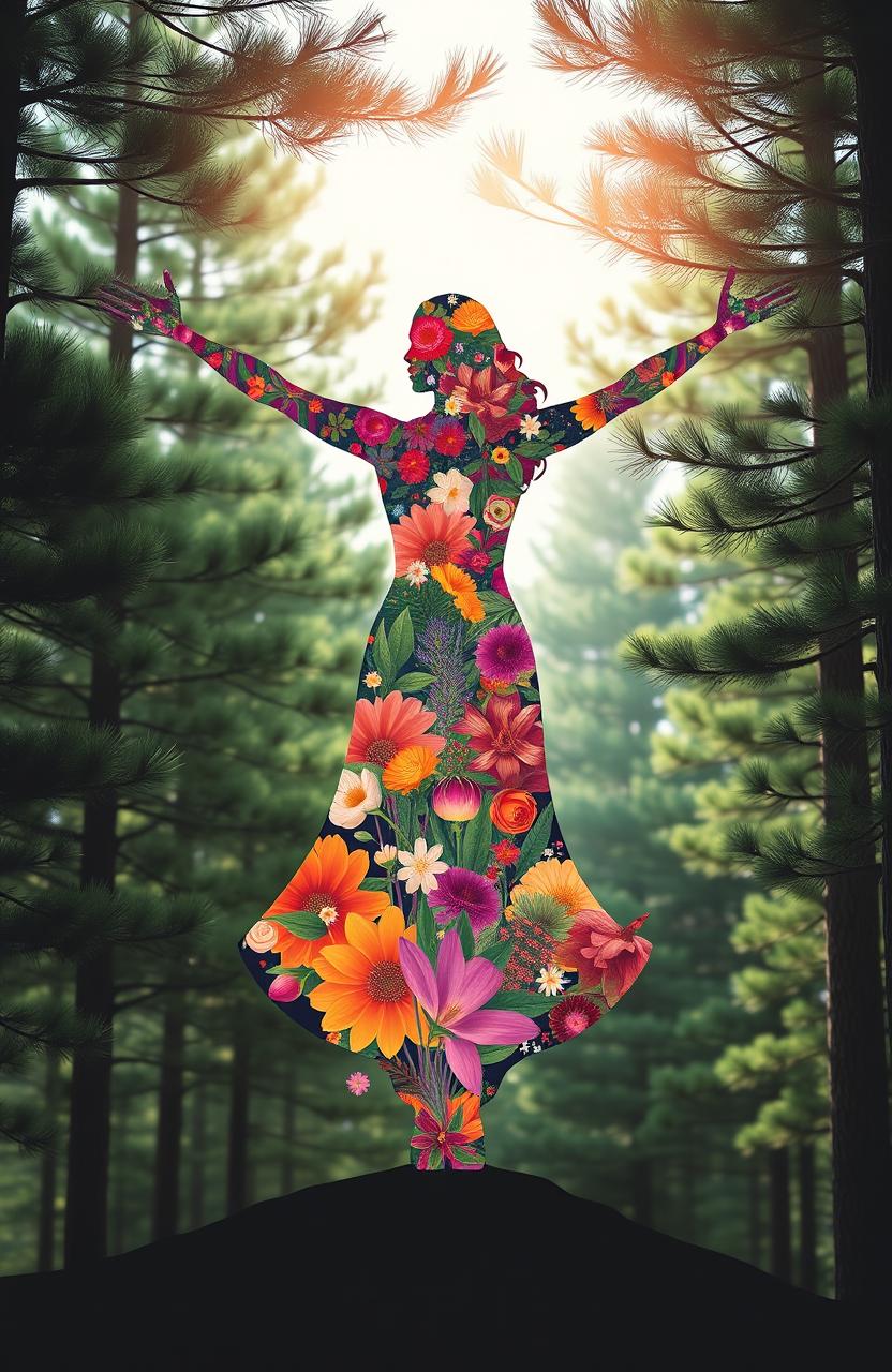 An abstract depiction of a woman standing tall amidst a serene pine forest, embodying strength and resilience