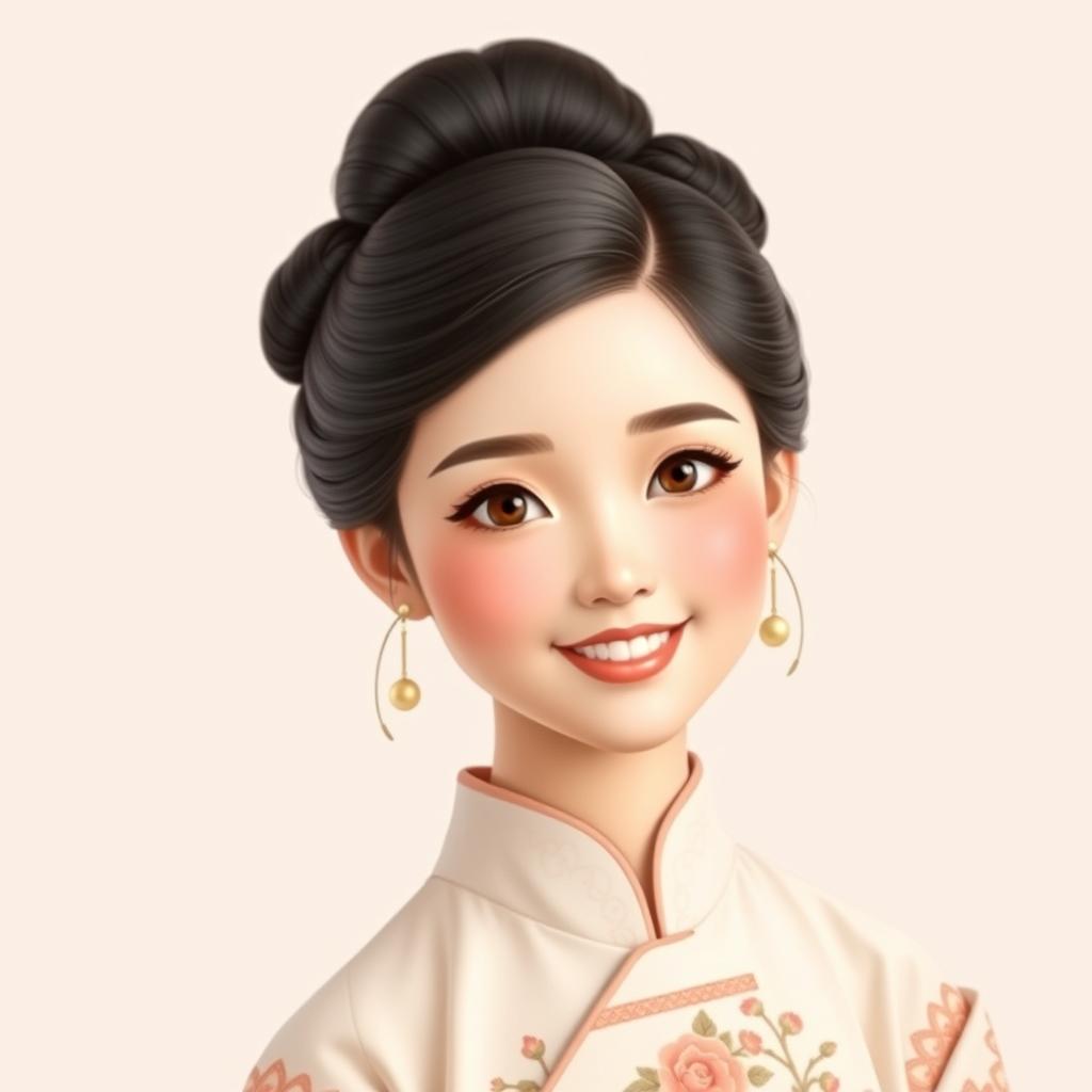 A very cute Chinese woman with an elegant updo hairstyle, featuring intricate bun details