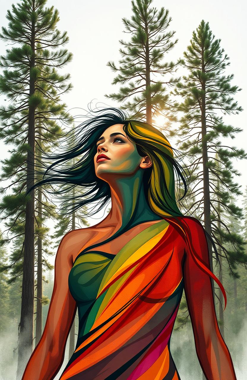An abstract representation of a woman embodying resilience and strength, surrounded by tall, majestic pine trees that symbolize hope and healing