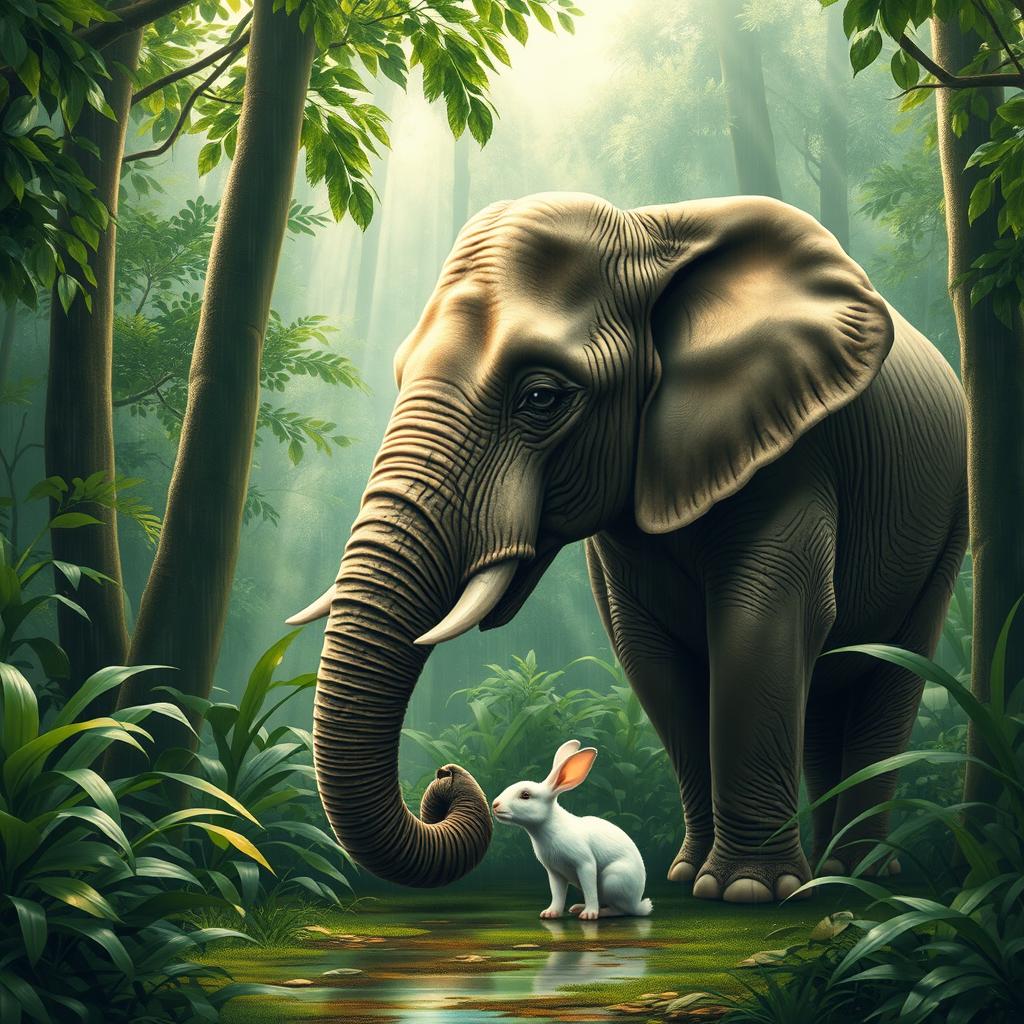 Majestic Elephant and Serene Rabbit: A Lush Rainforest Encounter