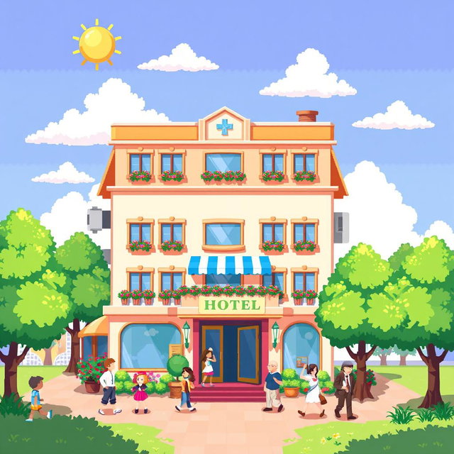 A charming pixel art depiction of a hotel, showcasing a whimsical design with a bright color palette