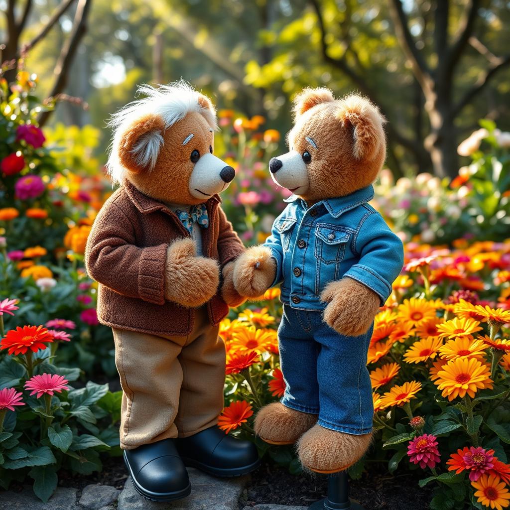 A plush teddy bear puppet resembling an elderly Italian gentleman, wearing brown pants, a brown jacket, and black shoes, is engaging in a warm conversation with a plush teddy bear puppet resembling a young boy