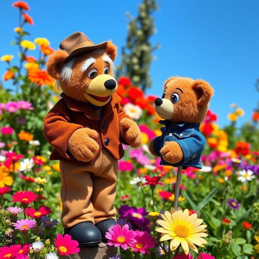 A plush teddy bear puppet resembling an elderly Italian gentleman, wearing brown pants, a brown jacket, and black shoes, engaging in a friendly conversation with a plush teddy bear puppet depicting a young boy, adorned in a blue denim jacket, blue pants, and black shoes