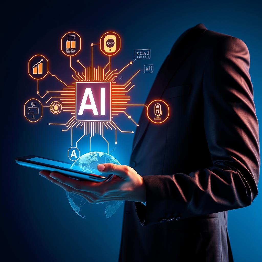 A businessman in a sleek dark suit is interacting with a futuristic digital interface