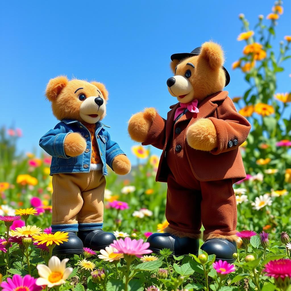 A whimsical scene featuring two plush teddy bear puppets