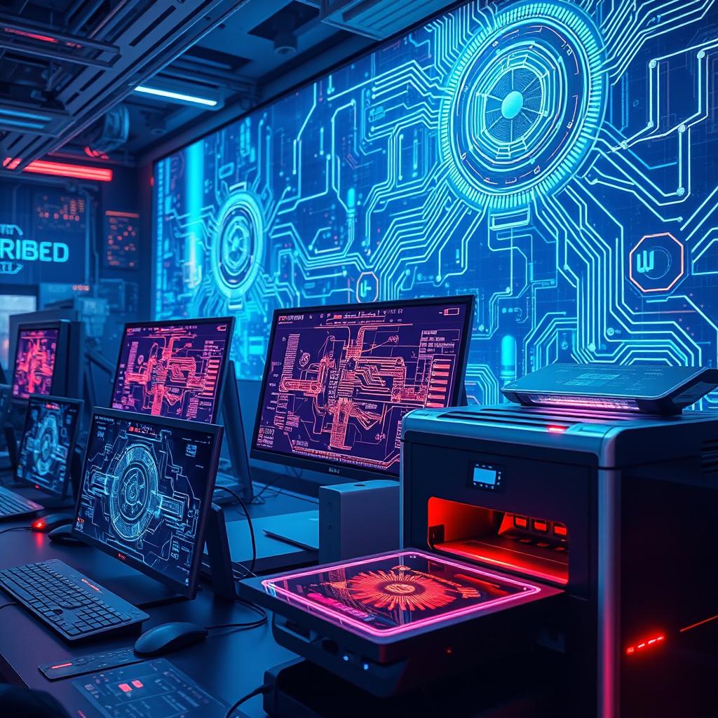 A futuristic technology-themed background featuring sleek computers and advanced printers