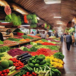 A traditional vegetable souq with a multitude of stalls boasting arrays of fresh, colorful vegetables amid a vibrant, bustling atmosphere.