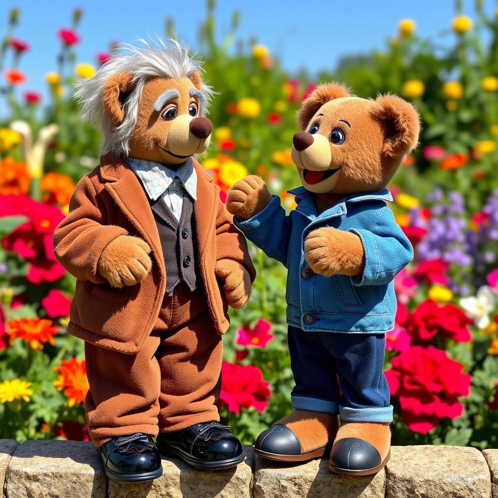 A plush teddy bear puppet resembling an elderly Italian gentleman, complete with gray fur and a wise expression, dressed in stylish brown pants, a matching brown jacket, and shiny black shoes