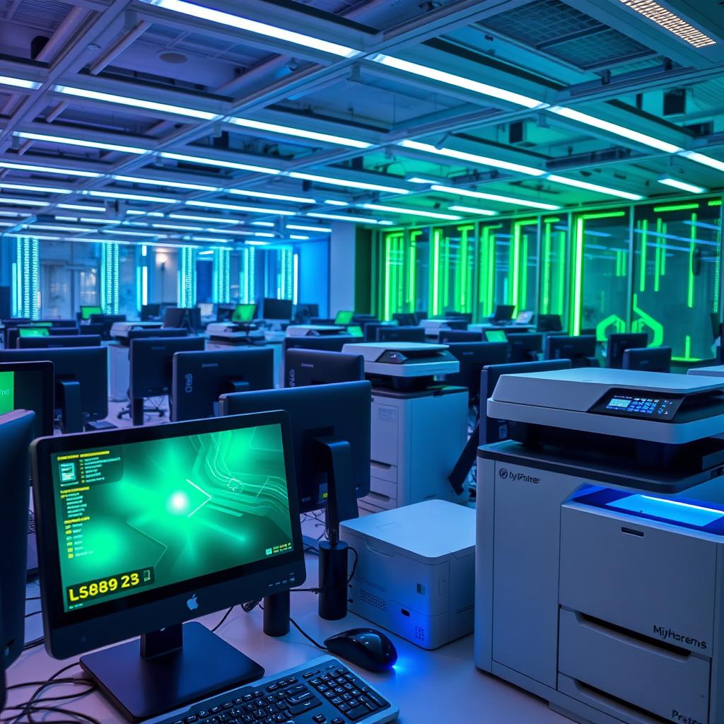 A vibrant technological background showcasing a modern office environment filled with sleek computers and high-tech printers