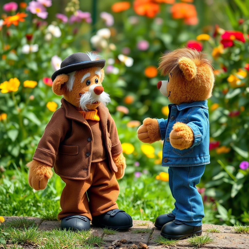 A charming scene featuring two plush teddy bear puppets in a lush garden