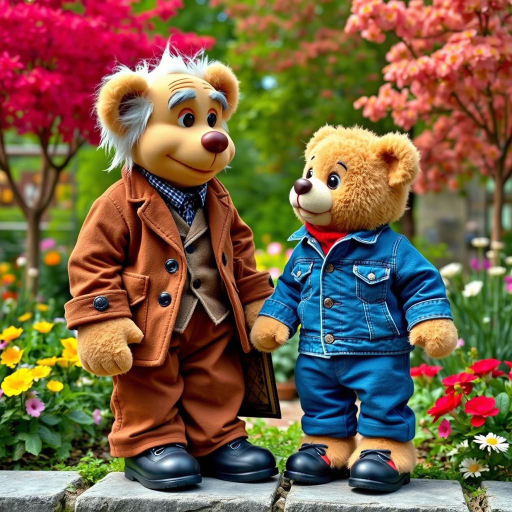 A charming teddy bear puppet resembling an elderly Italian gentleman, with a friendly face and wise demeanor, dressed in stylish brown pants, a brown jacket, and polished black shoes