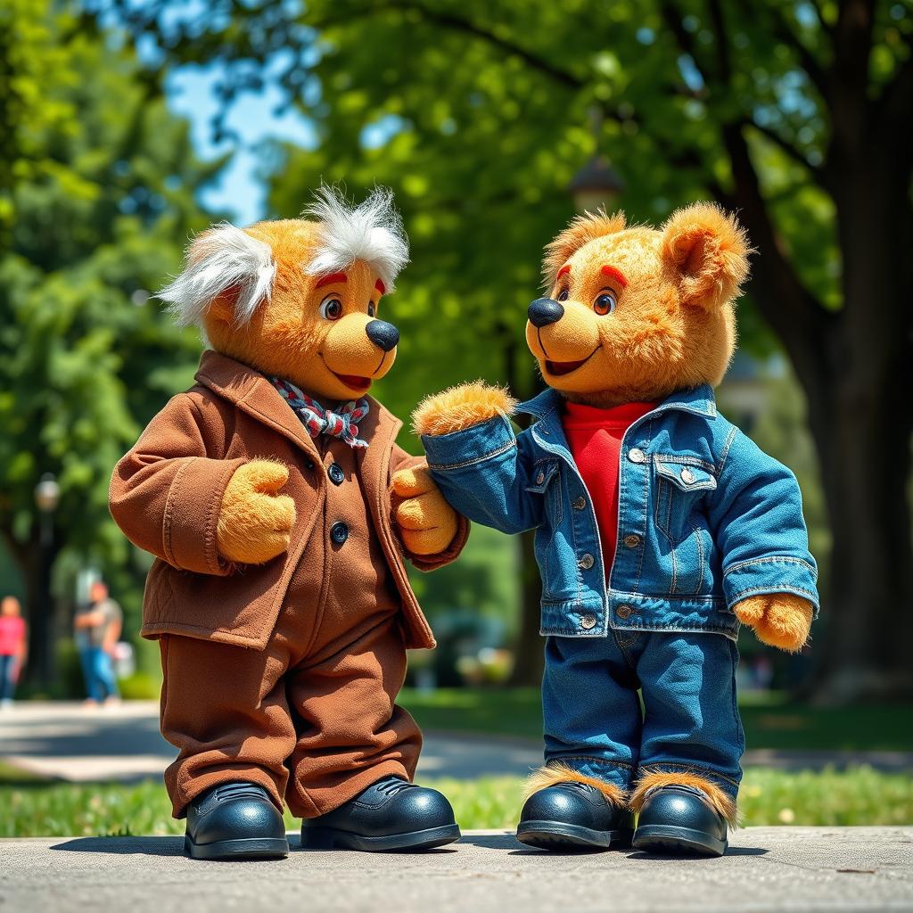 A charming scene featuring two teddy bear puppets in a lively park setting
