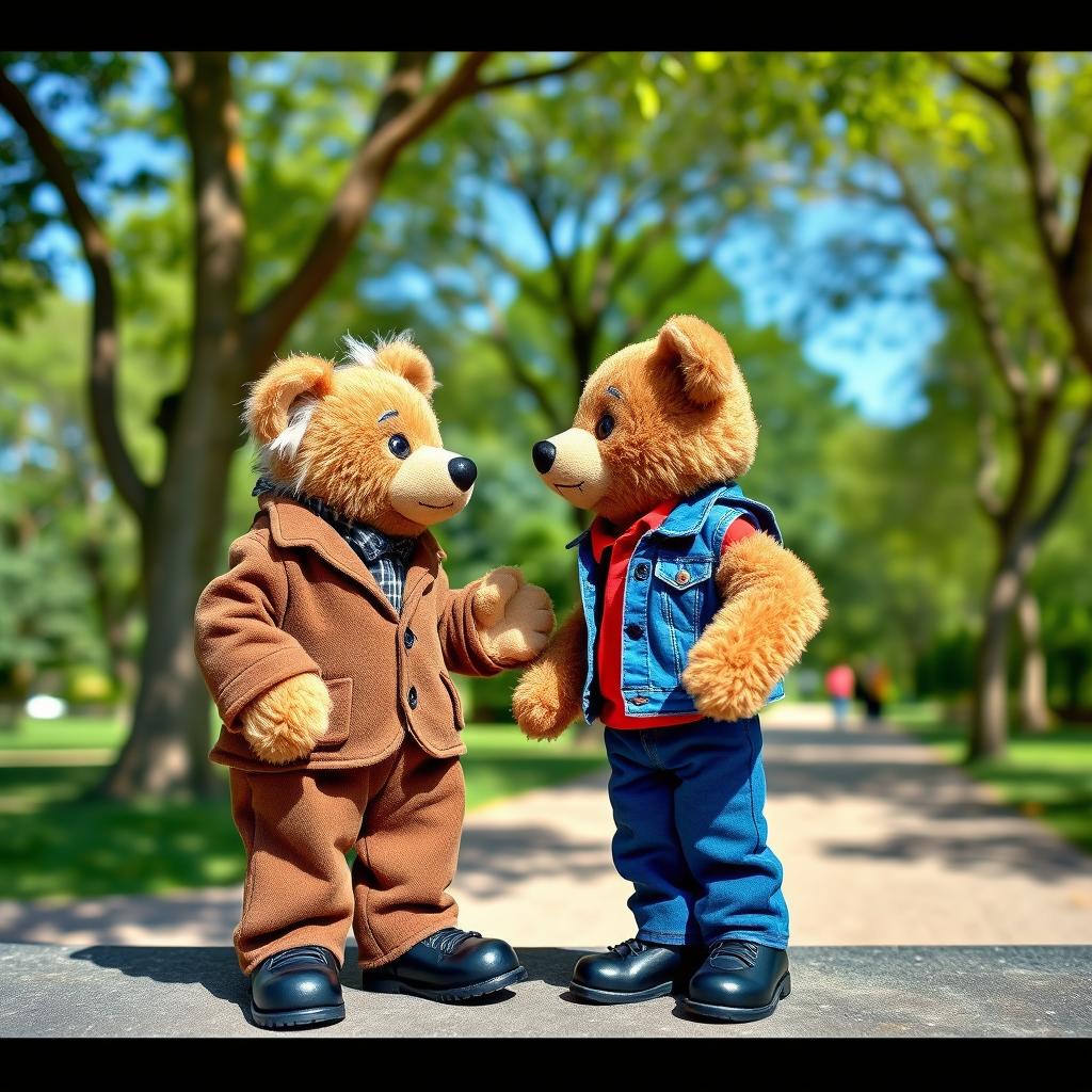 A charming scene featuring two teddy bear puppets in a park setting