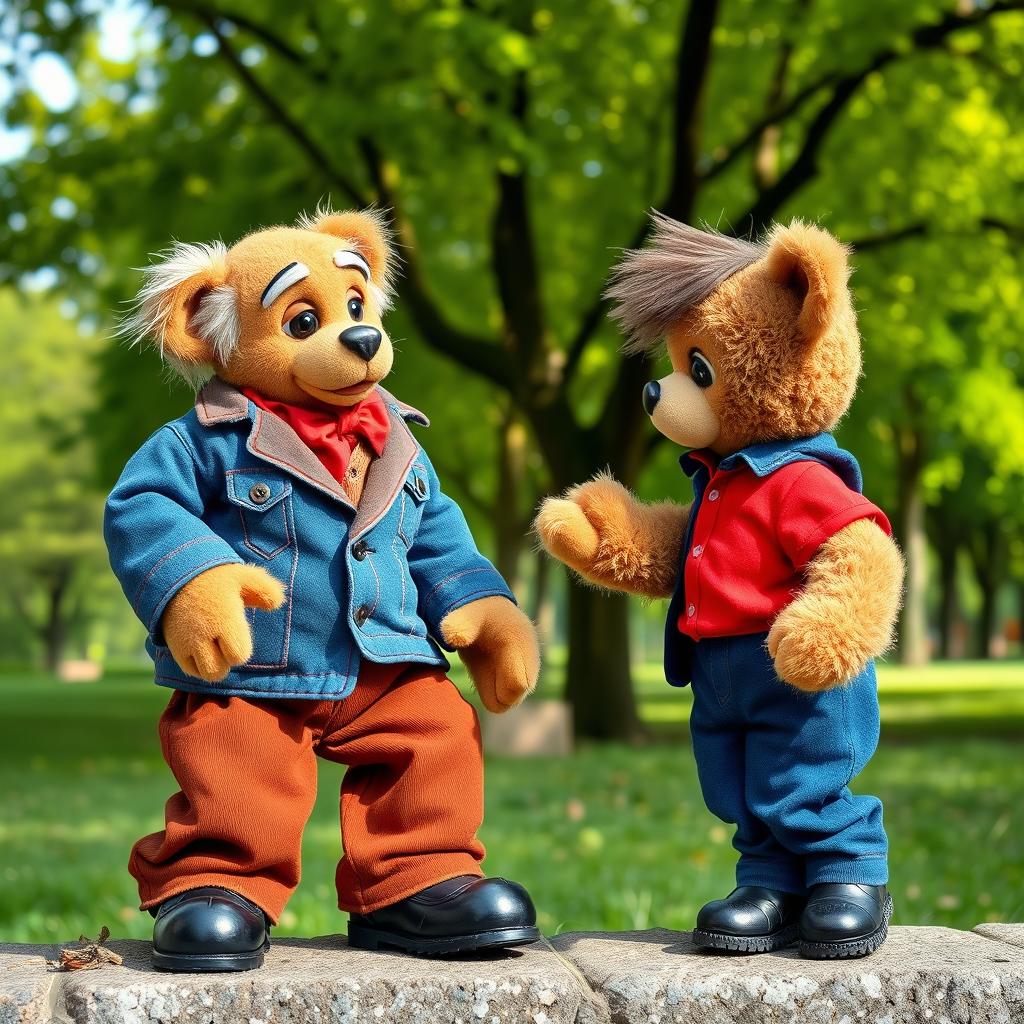 A charming scene featuring two teddy bear puppets engaged in conversation