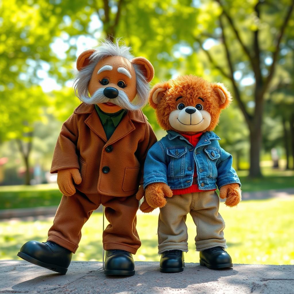 A whimsical scene featuring two teddy bear puppets