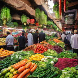 A traditional vegetable souq with a multitude of stalls boasting arrays of fresh, colorful vegetables amid a vibrant, bustling atmosphere.