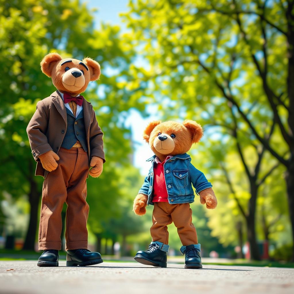 A charming scene in a park featuring two teddy bear puppets