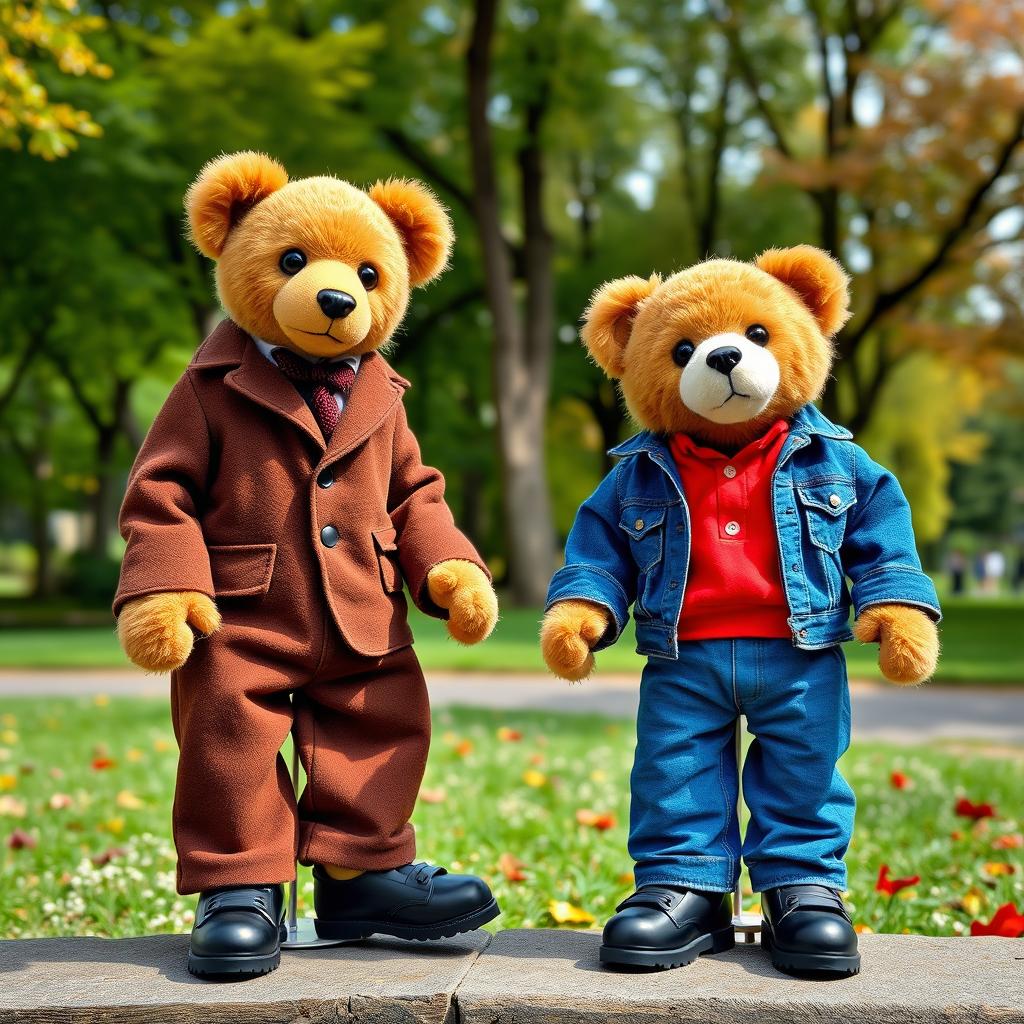 A delightful scene in a park where two teddy bear puppets are showcased