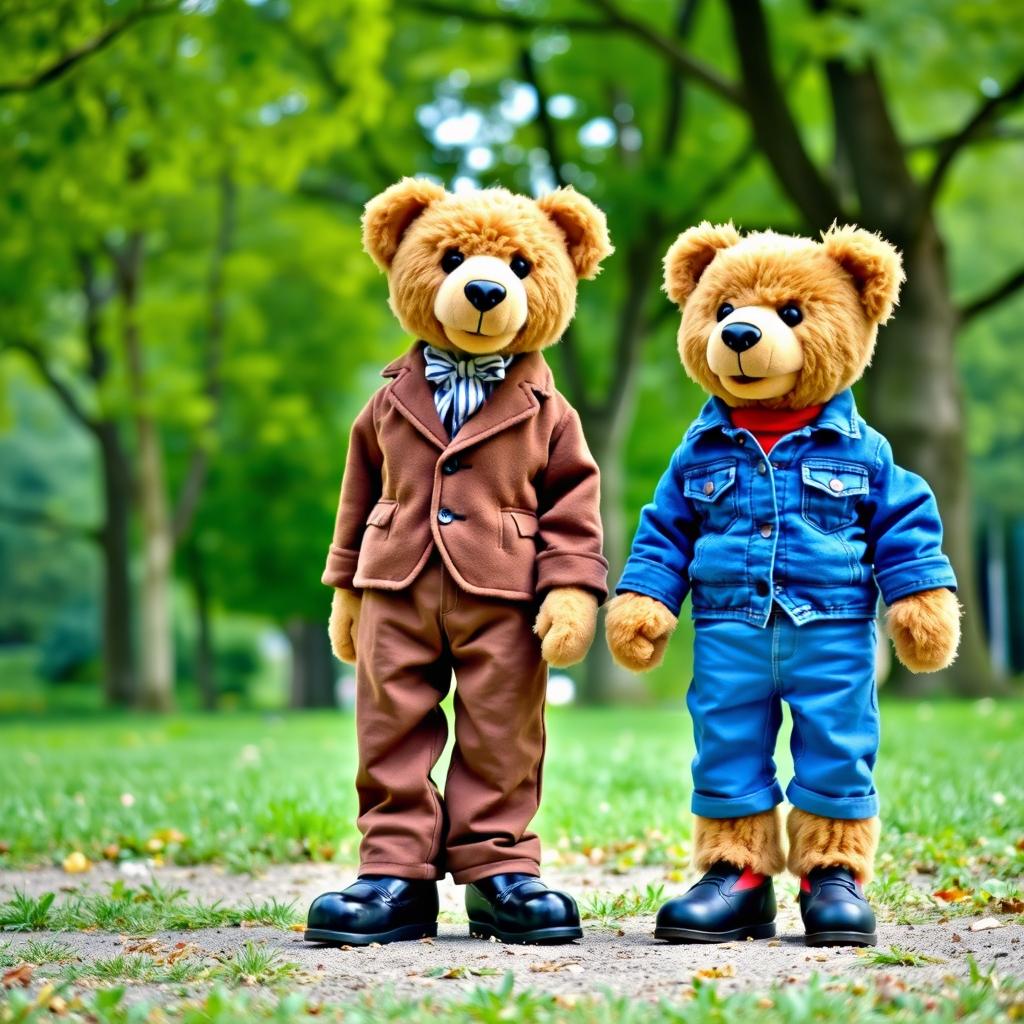 A scene in a park with lush green trees, featuring two teddy bear puppets