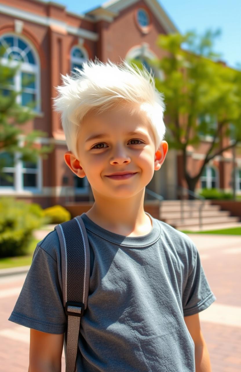 A young boy with striking white hair standing confidently in front of a school building