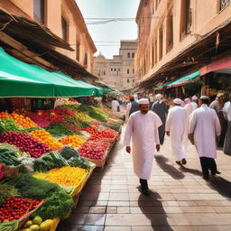 A traditional vegetable souq with a multitude of stalls boasting arrays of fresh, colorful vegetables amid a vibrant, bustling atmosphere.