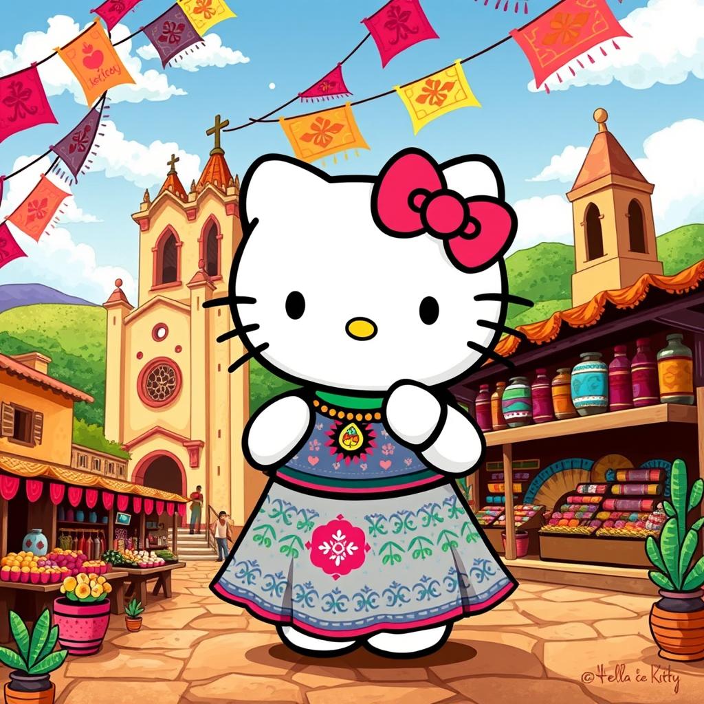 A whimsical and colorful illustration of Hello Kitty embracing the vibrant culture of Oaxaca, Mexico