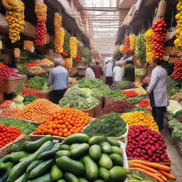 A traditional vegetable souq with a multitude of stalls boasting arrays of fresh, colorful vegetables amid a vibrant, bustling atmosphere.