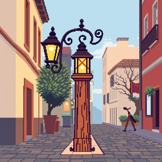 A pixel art street scene featuring a wooden street lamp (farola) made of intricately detailed wood, set against a simple urban background