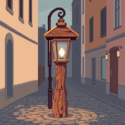 A pixel art street scene featuring a wooden street lamp (farola) made of intricately detailed wood, set against a simple urban background