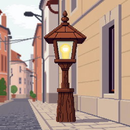 A pixel art street scene featuring a wooden street lamp (farola) made of intricately detailed wood, set against a simple urban background