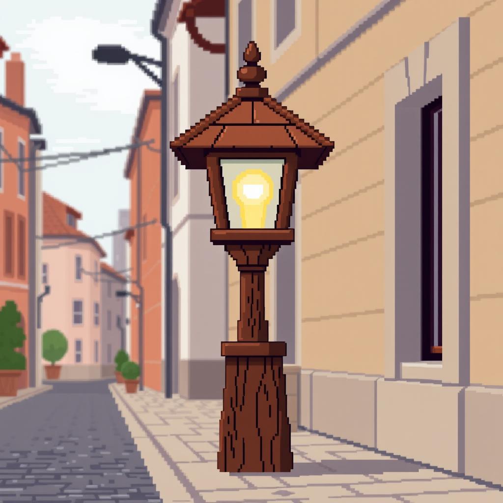 A pixel art street scene featuring a wooden street lamp (farola) made of intricately detailed wood, set against a simple urban background