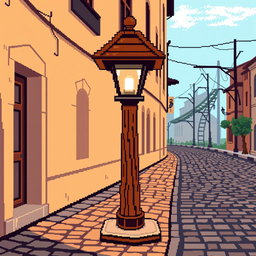 A pixel art street scene featuring a wooden street lamp (farola) made of intricately detailed wood, set against a simple urban background