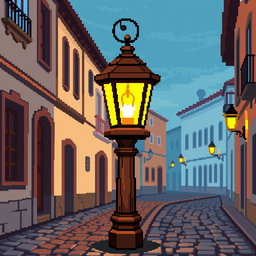 A pixel art depiction of a wooden street lamp (farola de madera) on a cobblestone street