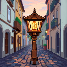 A pixel art depiction of a wooden street lamp (farola de madera) on a cobblestone street