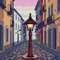 A pixel art depiction of a wooden street lamp (farola de madera) on a cobblestone street