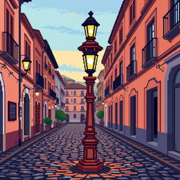 A pixel art depiction of a wooden street lamp (farola de madera) on a cobblestone street