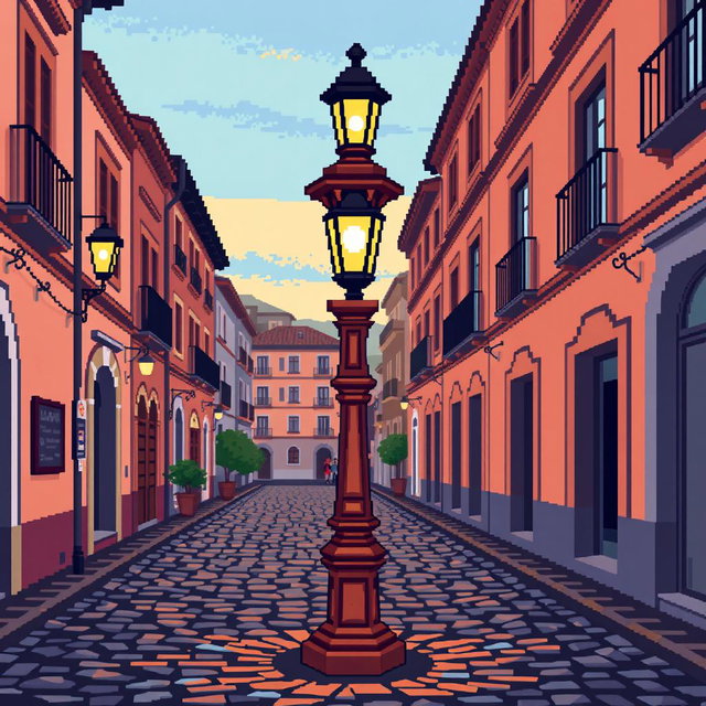 A pixel art depiction of a wooden street lamp (farola de madera) on a cobblestone street