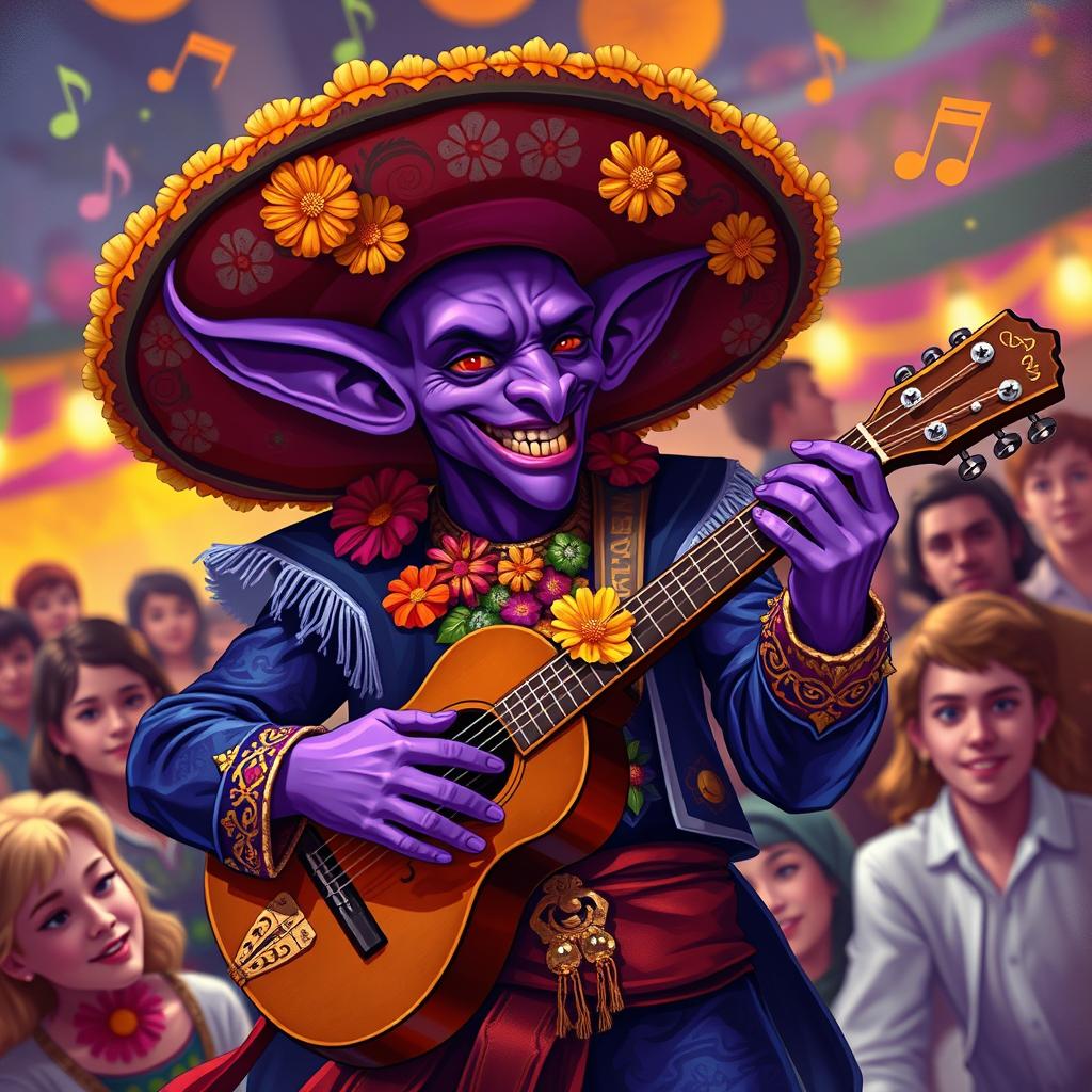A vibrant and colorful depiction of a tiefling mariachi bard, featuring striking purple skin and traditional mariachi attire