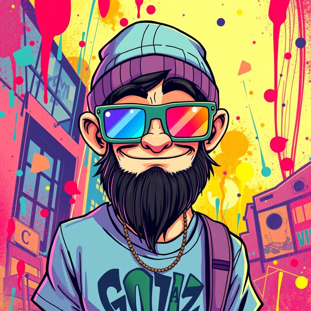 A colorful illustration in the style of Gorillaz, featuring a man with a prominent beard wearing quirky 3D glasses