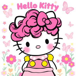 Hello Kitty with dark pink curly hair, wearing a cute outfit with colorful accents, surrounded by a whimsical background of pastel-colored flowers and butterflies