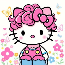 Hello Kitty with dark pink curly hair, wearing a cute outfit with colorful accents, surrounded by a whimsical background of pastel-colored flowers and butterflies