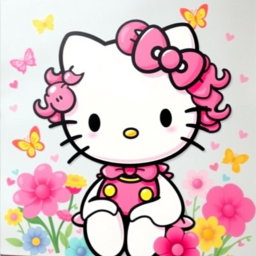 Hello Kitty with dark pink curly hair, wearing a cute outfit with colorful accents, surrounded by a whimsical background of pastel-colored flowers and butterflies