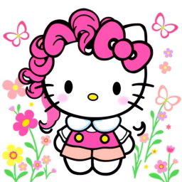 Hello Kitty with dark pink curly hair, wearing a cute outfit with colorful accents, surrounded by a whimsical background of pastel-colored flowers and butterflies