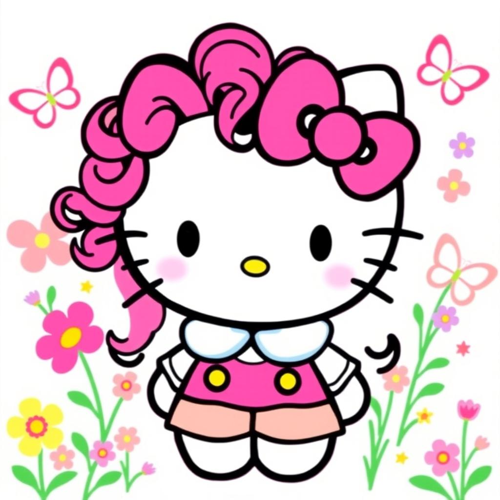 Hello Kitty with dark pink curly hair, wearing a cute outfit with colorful accents, surrounded by a whimsical background of pastel-colored flowers and butterflies