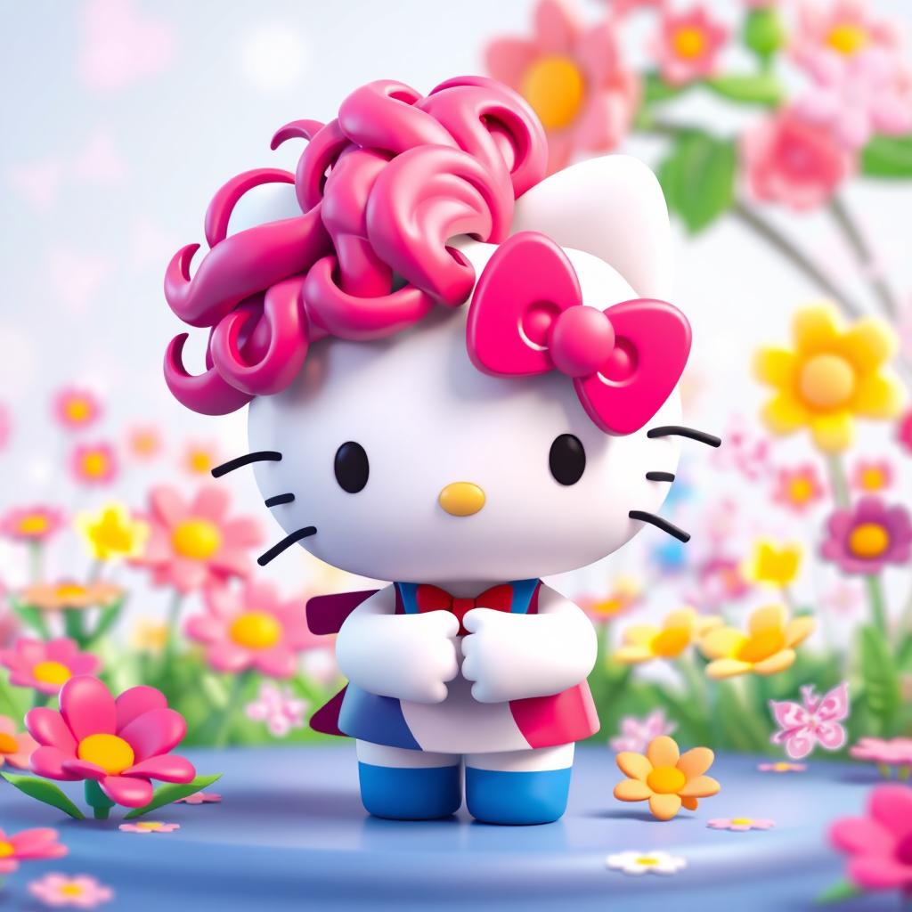 A 3D depiction of Hello Kitty with dark pink curly hair, standing in a playful pose