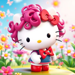 A 3D depiction of Hello Kitty with dark pink curly hair, standing in a playful pose