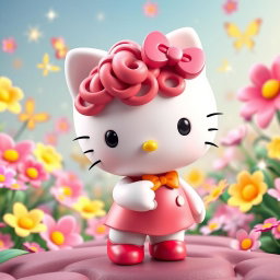 A 3D depiction of Hello Kitty with dark pink curly hair, standing in a playful pose