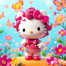 A 3D depiction of Hello Kitty with dark pink curly hair, standing in a playful pose
